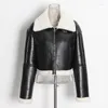 Women's Leather Black Faux Fleece Jacket Women 2023 Trend Streetwear Cropped Artificial Lambswool Motorcycle Winter