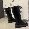 Stivali da moto da donna Zeppe Scarpe basse Donna Piattaforma con tacco alto Stivali in pelle PU Stringate Scarpe da donna Stivali neri per scarpe da ragazza 35-40