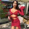 Lässige Kleider 2023 Herbst Verkauf Langarm Rotes Kleid mit Wellenrand und aushöhlen Falten Hüftrock Damen Sexy Off-Shoulder