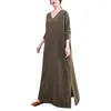 Casual klänningar 2023 Ankomst bomullslinne V-ringning stora fickor Löst vintage Autumn Dress Plus Size Mode Women Long Spring