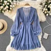 Повседневные платья Teeuiear Vintage V Sece Ruffles Chefon Shifl Dress Sexy Summer Owelm Party Elastic Thist Women Beach Holiday A-Line