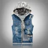 Herenvesten Koreaanse mannen denim vest jas zomer slanke gescheurde camouflage capuchon mouwloze zak stiksels knop rits vest