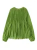 Dames Blouses PUWD Dames Groen Geplooid Oversized Veters V-hals Chiffon Top 2023 Dames Overhemd Vakantie Strand Vintage Ruimvallend Vrouwelijk Chic