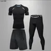 Erkek Trailtsits 3priece Set Erkekler Sıra Renk Hızlı Kuru Koşu Takım Spor Salonu T-Shirt Legging Setleri Açık havada Rashgard için Spor Sıkıştırma Gömlek