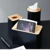 Conteneurs de mouchoirs modernes de couleur noire avec support de téléphone, couverture en bois, type de siège, rouleau de papier, boîte de rangement pour tampons de coton Y20195E