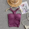 Canottiere da donna American Chic Canotta con cinturino per spaghetti per le donne Ombelico nudo costruito in reggiseno Pieghe Colore solido Canotta Summer Gallus Drop