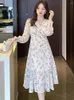 Casual Dresses Spring Midi Dress Women Korean Chic Elegant Evening Retro Fashion Flower Print Chiffon Ruffles Party Vestidos