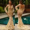 2020 Gold Mermaid Devel Dresses v الرقبة المرسومة بالريش بالخرز الأكمام الطويلة ، فستان الحفلة الصلقاء بلا عابرة ، Train Train Part254a