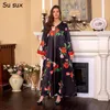 Etnische kleding Kaftan Dubai Abaya's voor vrouwen Luxe diamanten kwastje Rose Print moslim maxi-jurk Marokko Turkije Ramadan-jurk Jurken Saoedi-Arabië