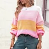 Women's Sweaters Fall Winter Women Color Block Knitted Sweater Long Sleeve Crew Neck Colorful Casual Cozy Loose Ladies Ribbed Pullover