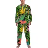 Pijamas masculinos planta azul pijama homem folhas impressão elegante primavera mangas compridas 2 peças conjunto gráfico de sono