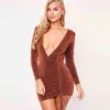 Casual Kleider Sparkly Tiefem V-ausschnitt Sexy Mini Kleid Frühling Mode Langarm Plissee Frauen Bodycon Solide Party 2023