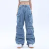 Women's Jeans Pocket Solid Color Overalls Jean's Y2K Street Retro Loose Wide-Leg Overalls Couple Casual Joker Mopping Jeans Pant 230831