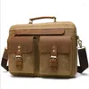 Briefcases 2 Pockets 14" Canvas Briefcase Mutilfunction Shoulder Bag Laptop Black Brown Women Men Male Tote