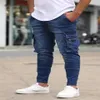 Mäns magra jeans med flerficka och blixtlåsdekorativ sträcka rippad för män Hombre Ropa Biker Pants232G