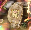 패션 로마 번호 정사각형 가죽 시계 여성 남성 방수 레이디 아이스 아이스 아웃 데이 데이트 풀 다이아몬드 링 케이스 쿼츠 배터리 슈퍼 시계 Montre de Luxe