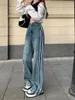 Damesjeans Vintage Gestreepte Hoge Taille Street Style Blauwe Rechte Broek Koreaanse Mode Wijde Pijpen Baggy Y2K Denim Broek