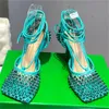 Sandalias de diseñador para mujer, zapatillas de tacón alto de cuero con diamantes de imitación, sandalias de malla, zapatos elásticos brillantes para fiesta y boda, novedad