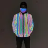 Jaquetas masculinas 2023 padrão geométrico colorido jaqueta reflexiva mens malha tecido noite refletir luz hip hop casaco com capuz jaqueta