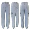 Kvinnors jeans baggy lastbyxor kvinnor hög midja multi fickor knappen elastisk manschett casual streetwear denim byxor stretchiga bottnar