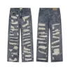 Mens Jeans High Street Pants Knife Cut Hole Patch Old Loose Offle Long Streetwear Summer Fashion 230831