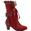 Brand New Big Sweet Bow Ruffles Med Heels Shoemaker Gothic Lolita Style Mid Calf Boots Women Shoes 230821