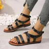 Sandálias sapatos femininos à venda 2023 verão romano casual deslizamento plana feminina tendência aberta toe fivela cinta