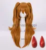 Cosplay peruks högkvalitativa eva asuka langley soryu cosplay peruker lång orange med 2 hästsvansklipp värmebeständigt syntetiskt hår peruk cap x0901