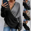 Pulls pour femmes 2023 Printemps Femmes Pull tricoté Sexy Dentelle Patchwork V Col Wrap Pull Top Élégant Mode Gris Noir Manches Longues