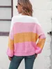 Women's Sweaters Fall Winter Women Color Block Knitted Sweater Long Sleeve Crew Neck Colorful Casual Cozy Loose Ladies Ribbed Pullover