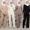 Ethnische Kleidung Frauen Muslimischen Sets 2PCS Einfache Casual Stricken Breite bein Hosenanzug Langarm Tops Und Lose Hosen Anzüge herbst Hose