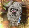 Vierkante Romeinse tankwijzerplaat Heren dameshorloge ICE-Out Bling Roestvrij staal liefhebbers Janpan Quartz uurwerk Volledige diamanten Ringkast Auto Datum Dag Tijd Armband Horloges Geschenken