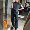 Calças femininas de duas peças casual solto ajuste calças conjunto elegante malha cintura alta sweatpants com bolsos para a primavera outono