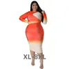Plus Size Dresses L-5xl Women Clothing Fashion Gradient Printing Patchwork Long Sleeve Bodycon Sexy Clu 3xl 4xl 5xl 6xl