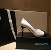 Pointed Toe High Heel Shoes Sexy Woman Black Leather Thin Heels Designer Pumps White Pearls Decorations Party