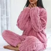 Women's Sleepwear Women Fleece Pajamas Set Winter Solid Velvet 2 Piece Pant Home Suit Fluffy Casual Warm O-neck Night Wear 2023