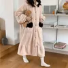 Women's Sleepwear Warm Big Black Bow Korean Flannel Nightgown Women Kawaii Hooded Loose Single Breasted Long Home Clothes Pink