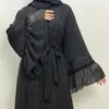 Abbigliamento etnico Djellaba Caftano Abaya Abito musulmano Donna Dubai Manica svasata a tutta lunghezza Ricamo in pizzo Modesto Abito islamico con cintura Turchia