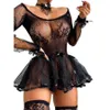 Abito femminile in pizzo floreale Set di reggiseni girocollo a maniche lunghe scava fuori 1 pezzo di lingerie sexy per l'estate Nero2599