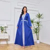 Roupas étnicas Azul Bordado Jalabya Árabe Vestido Mulheres Noite Mangas Compridas Abaya Dubai 2 Pcs Define Muçulmano