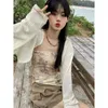 Deeptown Harajuku Hollow Out Cropped Cardigan Women Vintage See Through Knitted Sweater Loose Casual Sunscreen Thin Y2K Top Kpop HKD230829