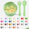 Serviessets Creatief Eenvoudig Baby Kinder Sile Bowls Lepels Vorken 3-delige set Kom Lepel Vork met houten handvat T9I002157 Drop Delive Dhulk