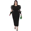 Plus Size Dresses 2023 Solid Color Tight Long Dress Party Style Round Neck Mesh Panel Bubble Sleeve Elegant Women's