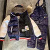 Designer crianças jaquetas moda bebê roupas de inverno tamanho 0-12 cm 2pcs mangas brancas pele com capuz jaqueta e suspensórios ago30