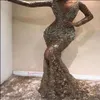 2019 Deep V Neck Long Sleeves Sequins Mermaid Long Evening Dresses Beaded Sheer Mesh sexy side Split Backless Formal Party Prom Dr268i