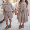 Ensembles de vêtements 2023 Été Enfants Bébé Petit Plaid Sailor Collier Vêtements Ensemble Filles Mode Sling Princesse Robe Frère et Soeur