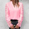 Kvinnors blusar White Vintage Lace Patchwork Shirt Blue Women Spring Autumn Fashion Long Sleeve Shirts For 2023 Casual Pink V-Neck Top