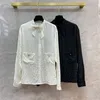 2023 Autumn Black / Ivory Print Ribbon Tie Bow Silk Blus Shirt Långärmad rund hals dubbla fickor Single-Breasted Soie Top Shirts Q3G30000345