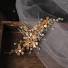 Haarspangen Vintage Goldfarbe Perlen Kämme Tiara Hochzeit Brautaccessoires Frauen Blatt Blumen Handgefertigter Kopfschmuck