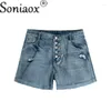 Damesshorts Mid-taille Single-breasted Splicing Denim Zomertrend Streetwear Vintage gebroken gaten Driekwart broekzak